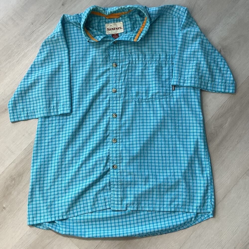 SIMMS Windowpane Mens Size M Blue Fishing Button Down T Shirt
